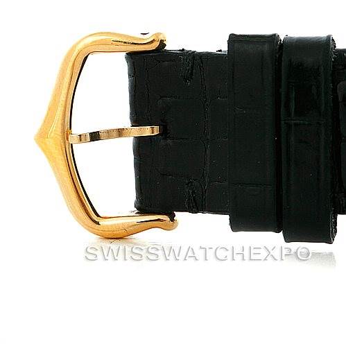 The image shows the clasp and strap of a Cartier Tank Louis W1529756 Men's Yellow Gold Silver Dial W1529756 Men's Yellow Gold Silver Dial watch, highlighting the gold buckle and black leather strap.