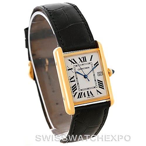 This image shows a Cartier Tank Louis W1529756 Men's Yellow Gold Silver Dial W1529756 Men's Yellow Gold Silver Dial model watch angled from the side, displaying the face, strap, and crown.