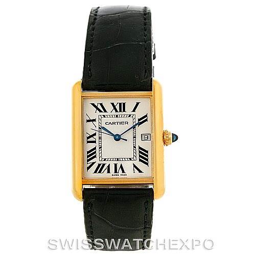 The image shows a front view of a Cartier Tank Louis W1529756 Men's Yellow Gold Silver Dial W1529756 Men's Yellow Gold Silver Dial watch, highlighting its dial, hands, case, and strap.