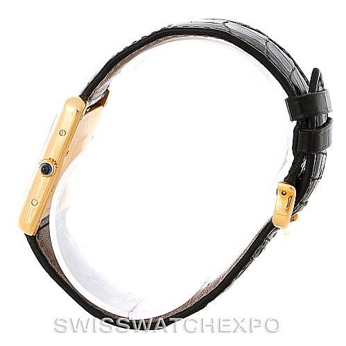 The image shows a side view of a Cartier Tank Louis W1529756 Men's Yellow Gold Silver Dial W1529756 Men's Yellow Gold Silver Dial watch, highlighting its gold case, crown, and black leather strap.