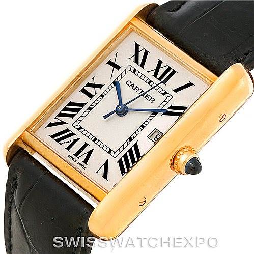 This image shows a close-up of the Cartier Tank Louis W1529756 Men's Yellow Gold Silver Dial W1529756 Men's Yellow Gold Silver Dial model watch, focusing on the dial, crown, and part of the strap.