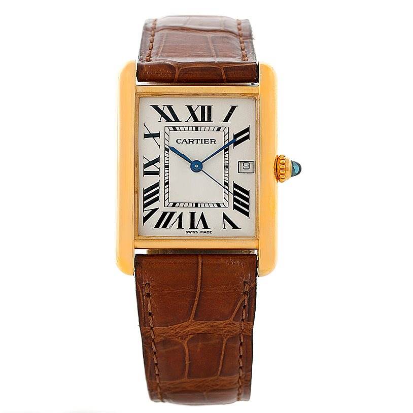 The image shows a Tank Louis watch by Cartier from a front angle, displaying its rectangular face, Roman numerals, and leather strap.