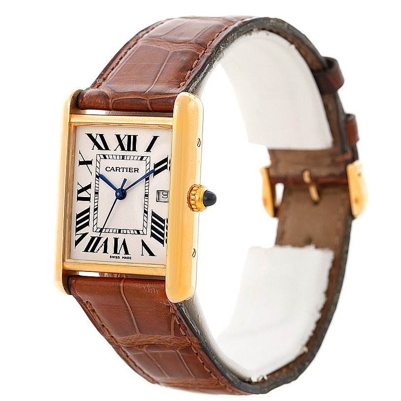 The image shows a Cartier Tank Louis W1529756 Men's Yellow Gold Silver Dial W1529756 Men's Yellow Gold Silver Dial watch at an angle displaying its face, strap, and crown.