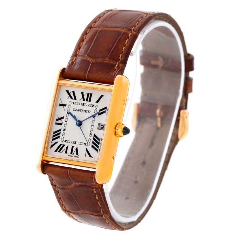 The image shows a Cartier Tank Louis W1529756 Men's Yellow Gold Silver Dial W1529756 Men's Yellow Gold Silver Dial watch at a slight angle, highlighting its rectangular face, gold case, and brown leather strap.