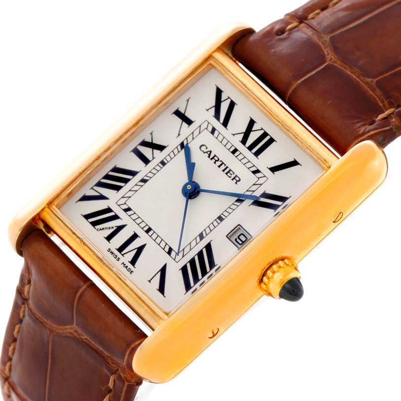 This image shows a Cartier Tank Louis W1529756 Men's Yellow Gold Silver Dial W1529756 Men's Yellow Gold Silver Dial watch at an oblique angle, highlighting the face, leather strap, and crown.