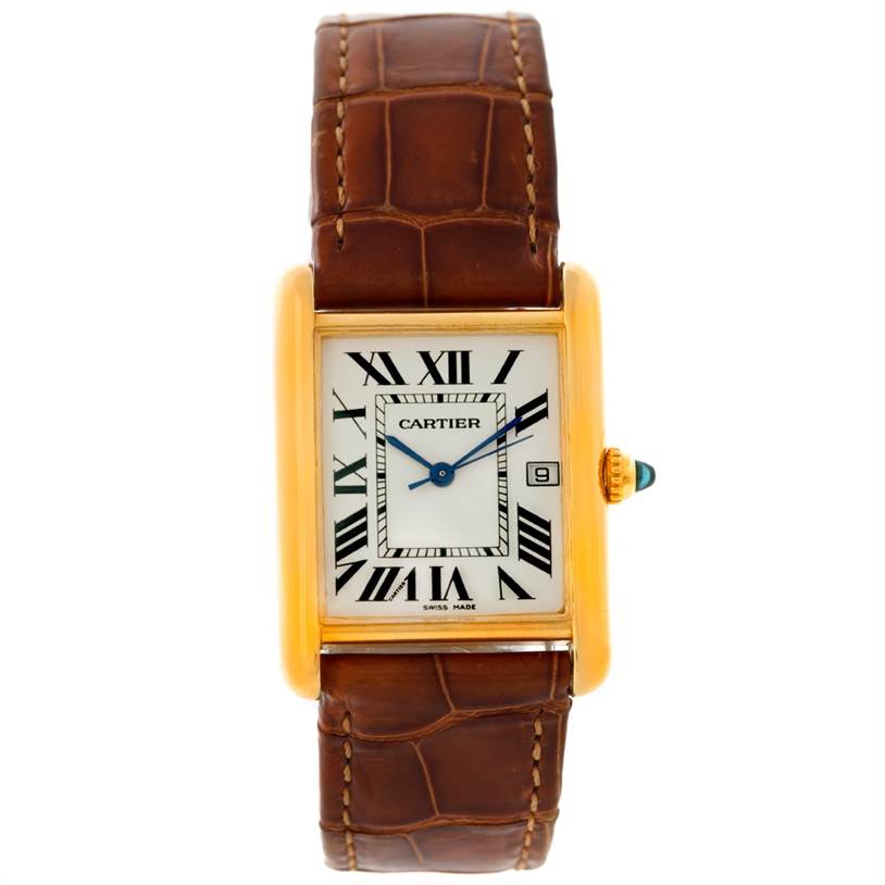 The image shows a front view of the Cartier Tank Louis W1529756 Men's Yellow Gold Silver Dial W1529756 Men's Yellow Gold Silver Dial watch, highlighting its rectangular face, Roman numerals, and leather strap.