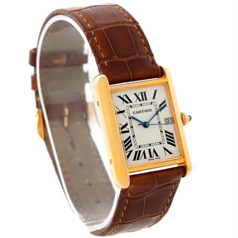 The image shows a Cartier Tank Louis W1529756 Men's Yellow Gold Silver Dial W1529756 Men's Yellow Gold Silver Dial watch at a tilted angle, featuring its leather strap, rectangular face, Roman numerals, and crown.