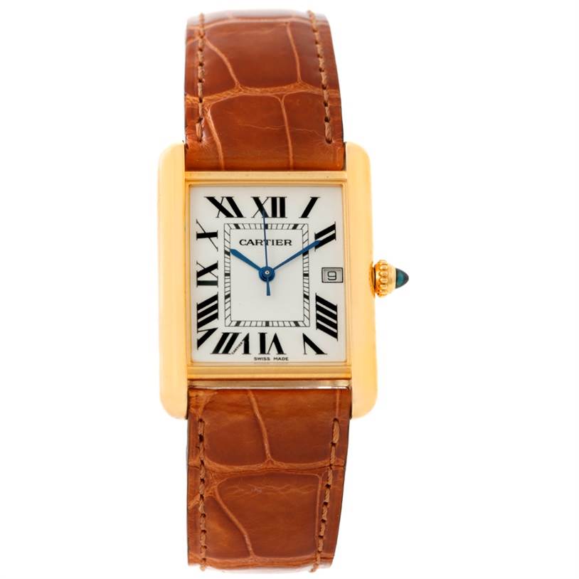 The image shows a front view of the Cartier Tank Louis W1529756 Men's Yellow Gold Silver Dial W1529756 Men's Yellow Gold Silver Dial watch, highlighting its face, brown leather strap, and crown.