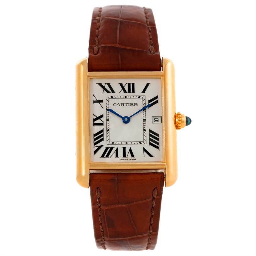 The image shows a front view of a Cartier Tank Louis W1529756 Men's Yellow Gold Silver Dial W1529756 Men's Yellow Gold Silver Dial watch with a brown leather strap and gold casing.
