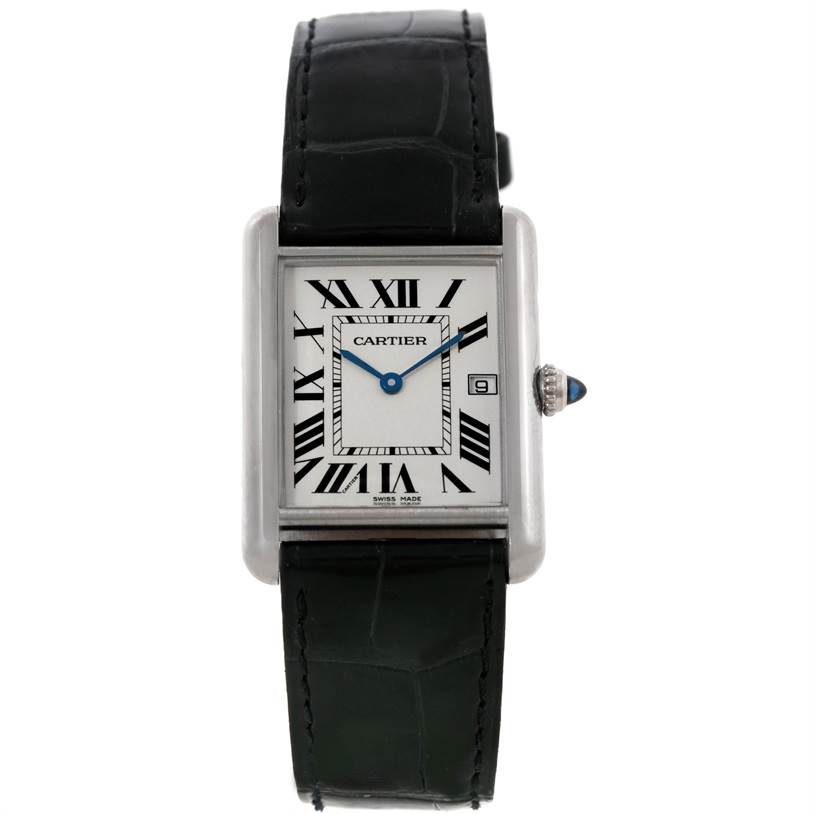 This is a front view of the Cartier Tank Louis W1540956 Men's White Gold White Dial W1540956 Men's White Gold White Dial watch, showing the face with Roman numerals, blue hands, and a black leather strap.