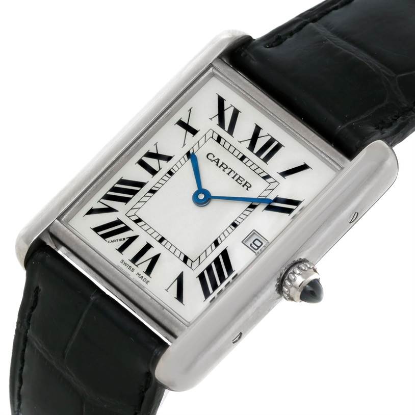 The Cartier Tank Louis W1540956 Men's White Gold White Dial W1540956 Men's White Gold White Dial watch is shown at a slight angle, displaying its face, blue hands, crown with cabochon, and black leather strap.