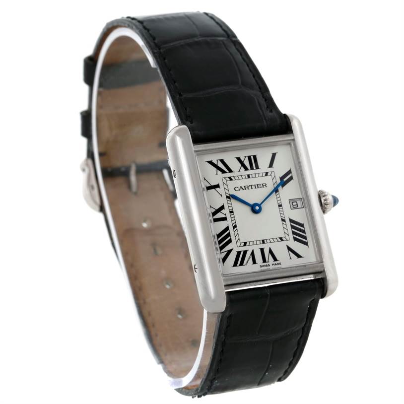 The image shows a Cartier Tank Louis W1540956 Men's White Gold White Dial W1540956 Men's White Gold White Dial watch at a 3/4 angle, highlighting the face, black leather strap, and distinctive details.