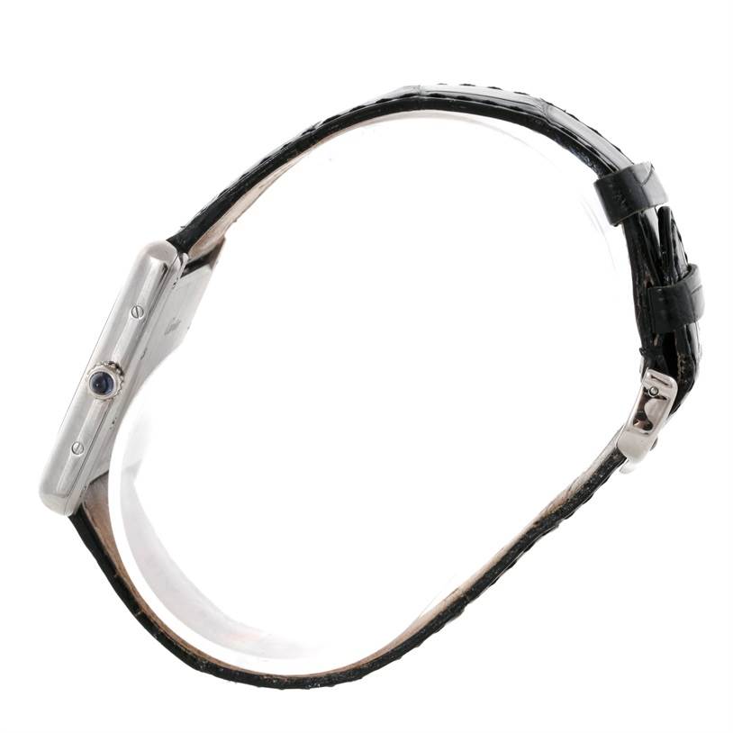 The image shows a side view of the Cartier Tank Louis W1540956 Men's White Gold White Dial W1540956 Men's White Gold White Dial watch, highlighting its case, crown, and leather strap with buckle.