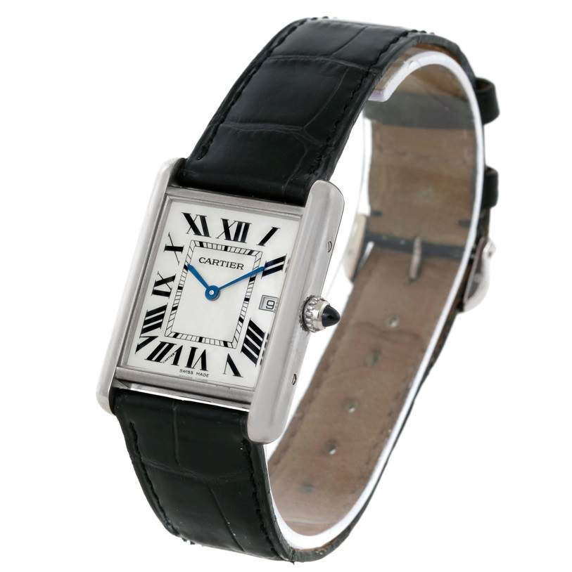 The image shows a Cartier Tank Louis W1540956 Men's White Gold White Dial W1540956 Men's White Gold White Dial watch angled to display the face, strap, and crown with a gemstone.