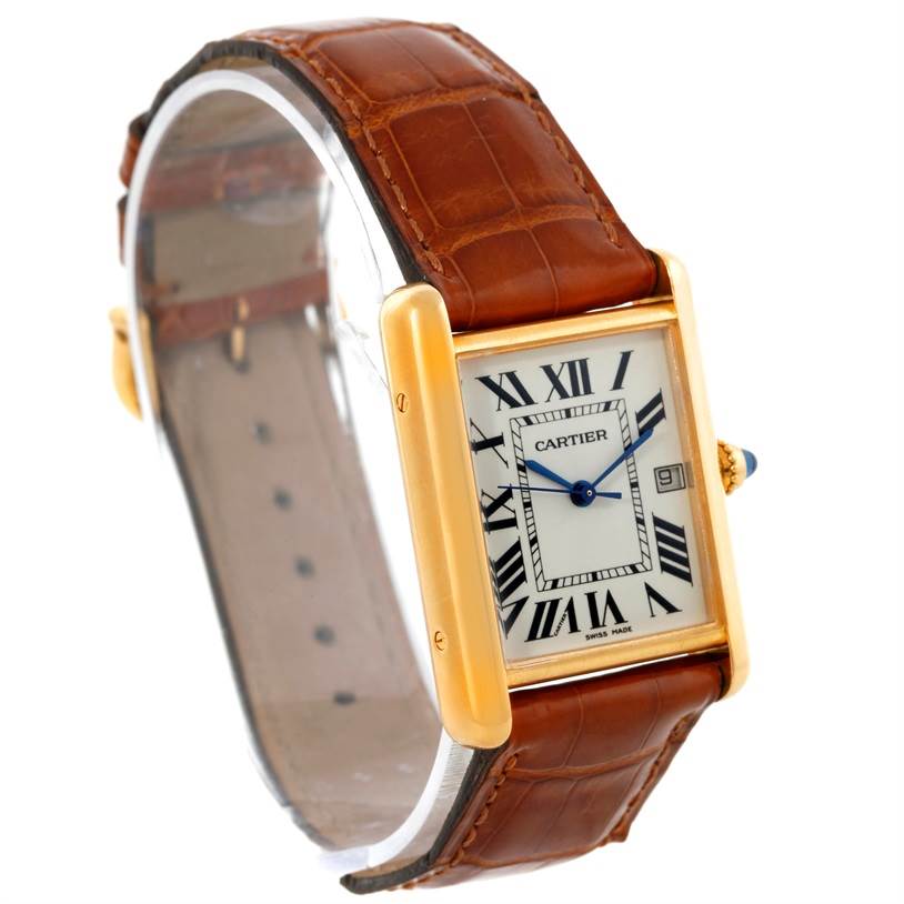 The image shows a Cartier Tank Louis W1529756 Men's Yellow Gold Silver Dial W1529756 Men's Yellow Gold Silver Dial watch at a slight angle, highlighting its face, bezel, leather strap, and crown.