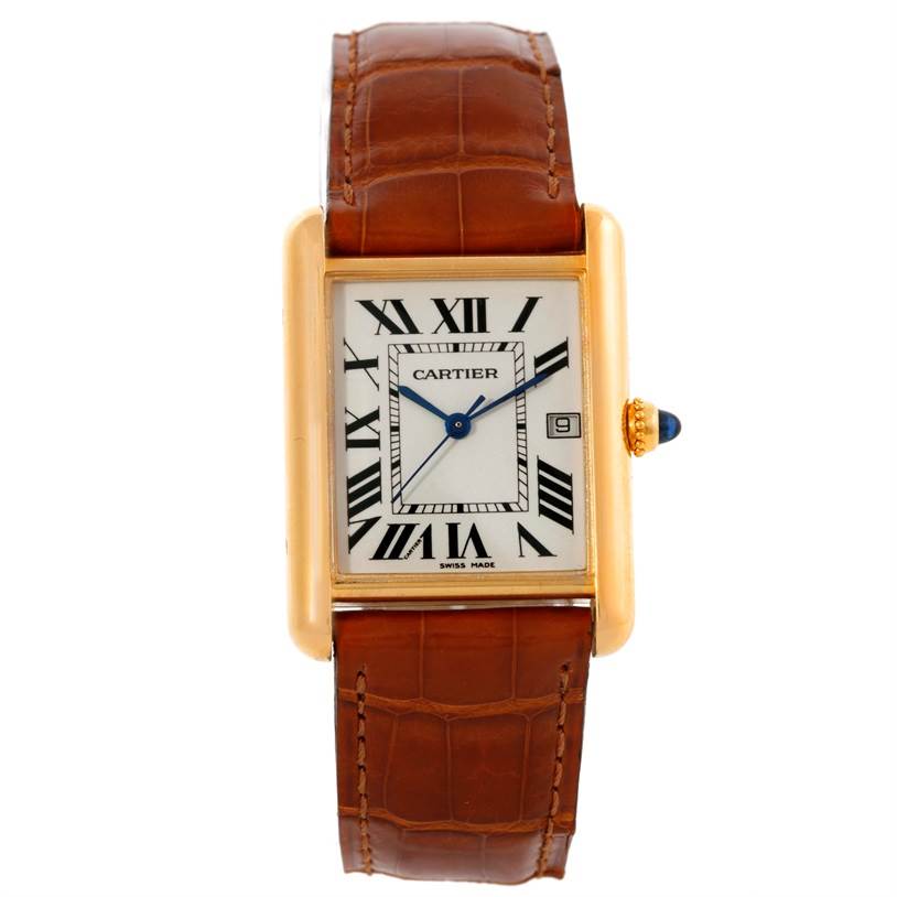 The image shows a front view of a Cartier Tank Louis W1529756 Men's Yellow Gold Silver Dial W1529756 Men's Yellow Gold Silver Dial timepiece with a leather strap and visible crown.