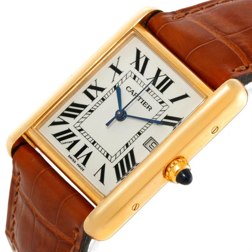The image shows a close-up angle of the Cartier Tank Louis W1529756 Men's Yellow Gold Silver Dial W1529756 Men's Yellow Gold Silver Dial watch, highlighting the dial, Roman numerals, hands, crown, and leather strap.