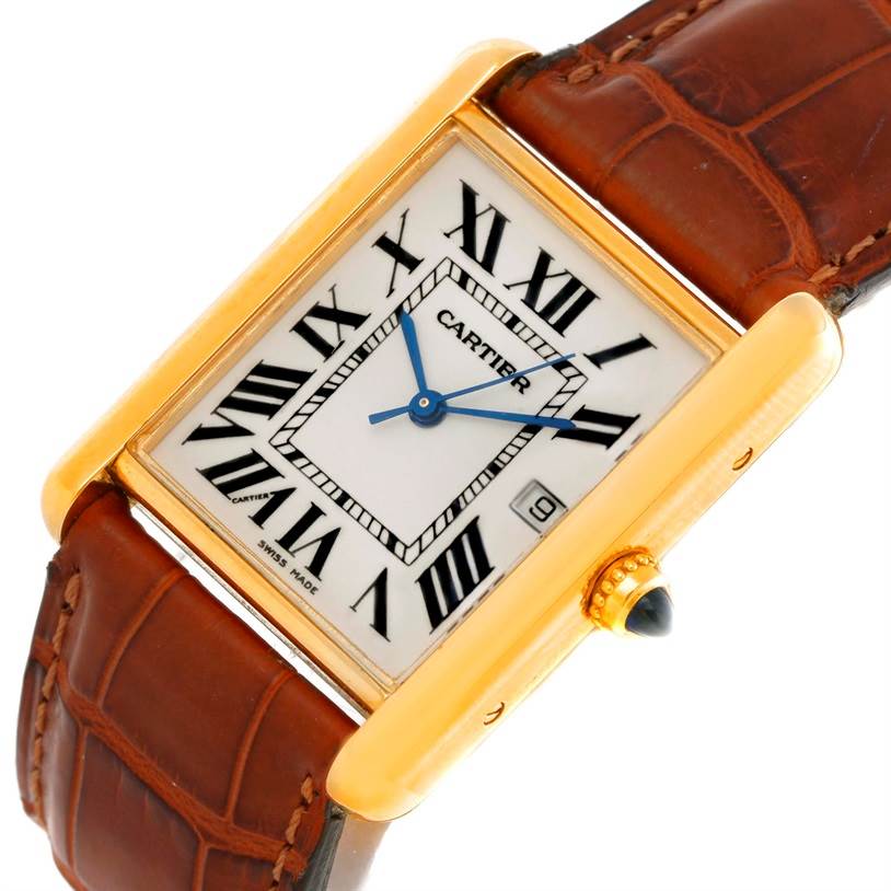 The image shows a Cartier Tank Louis W1529756 Men
s Silver Dial W1529756 Men
s Silver Dial watch at an angled view highlighting its face, Roman numerals, brown leather strap, and crown.