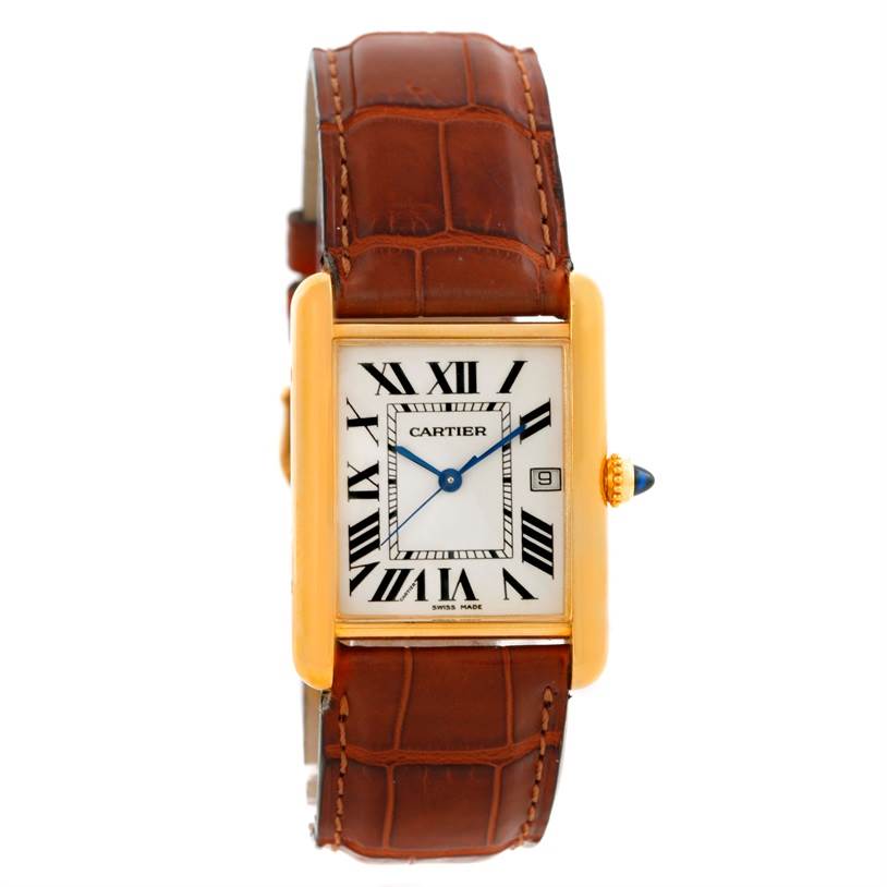 The image shows a frontal view of the Cartier Tank Louis W1529756 Men
s Silver Dial W1529756 Men
s Silver Dial watch, displaying its rectangular face, Roman numerals, and brown leather strap.