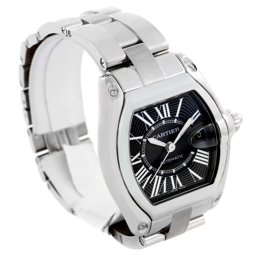 This image shows a Cartier Roadster W62041V3 Men
s Stainless Steel Black Dial W62041V3 Men
s Stainless Steel Black Dial watch from a front-left angle, highlighting its face and stainless steel bracelet.