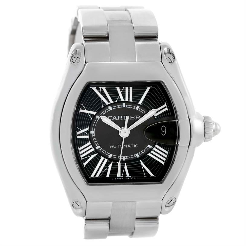 The Cartier Roadster W62041V3 Men
s Stainless Steel Black Dial W62041V3 Men
s Stainless Steel Black Dial watch is shown from the front, displaying the face, dial, and bracelet.