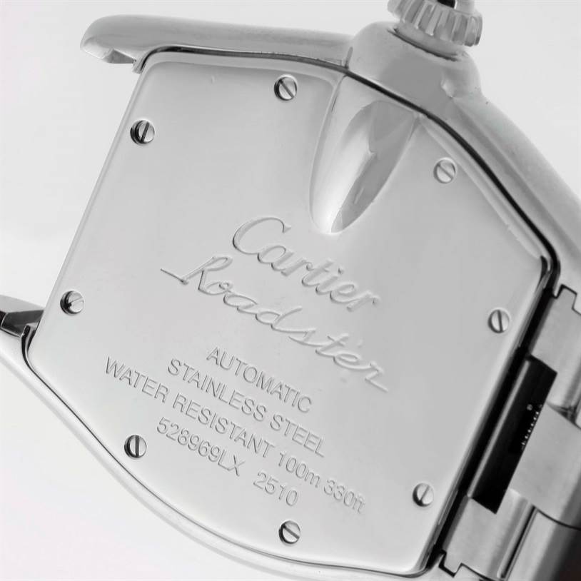 The image shows the back case of the Cartier Roadster W62041V3 Men
s Stainless Steel Black Dial W62041V3 Men
s Stainless Steel Black Dial watch, highlighting its automatic movement, stainless steel material, and water resistance.