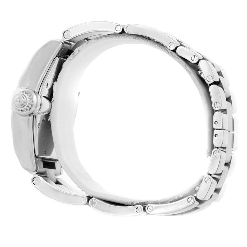 This side-view image shows the bezel, crown, and bracelet of the Cartier Roadster W62041V3 Men
s Stainless Steel Black Dial W62041V3 Men
s Stainless Steel Black Dial watch.