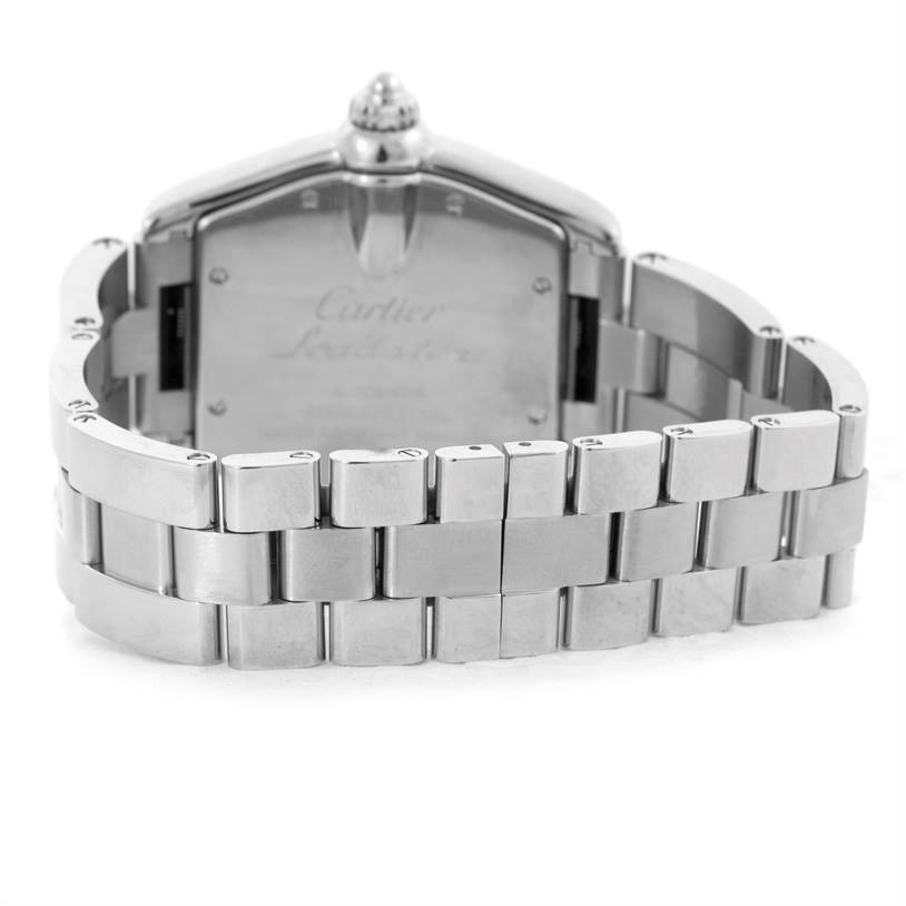 The image shows the back view of a Cartier Roadster W62041V3 Men
s Stainless Steel Black Dial W62041V3 Men
s Stainless Steel Black Dial watch, highlighting its steel bracelet and case back.