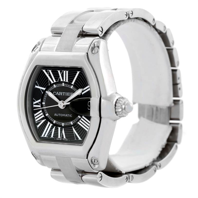 This image shows a Cartier Roadster W62041V3 Men
s Stainless Steel Black Dial W62041V3 Men
s Stainless Steel Black Dial watch at a three-quarter angle, highlighting the face, bezel, and bracelet.