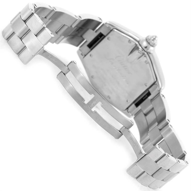 The image shows the back case and metal bracelet clasp of a Cartier Roadster W62041V3 Men
s Stainless Steel Black Dial W62041V3 Men
s Stainless Steel Black Dial watch from a side angle.