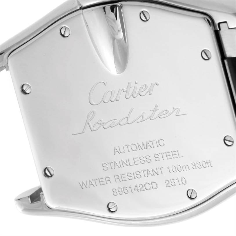 The image shows the back of the Cartier Roadster W62002V3 Men's Stainless Steel Black Dial W62002V3 Men's Stainless Steel Black Dial watch, detailing specifications and branding.