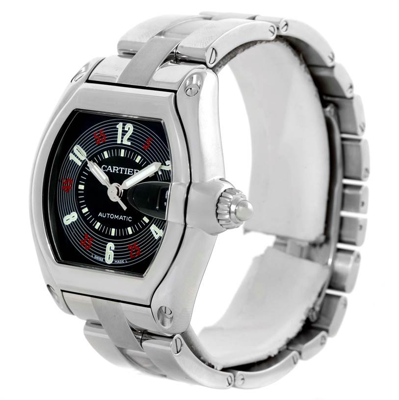 This image shows the Cartier Roadster W62002V3 Men's Stainless Steel Black Dial W62002V3 Men's Stainless Steel Black Dial watch from a front angle, displaying the dial, case, and part of the bracelet.