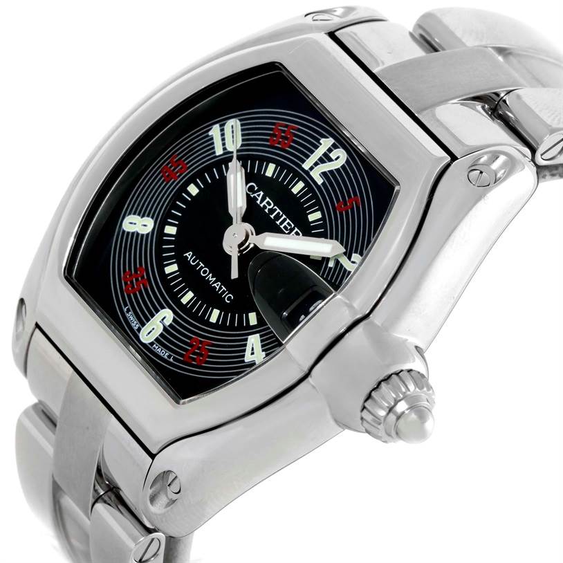 The image shows a close-up diagonal view of the Cartier Roadster W62002V3 Men's Stainless Steel Black Dial W62002V3 Men's Stainless Steel Black Dial watch, highlighting its face, dial, and part of the metal bracelet.