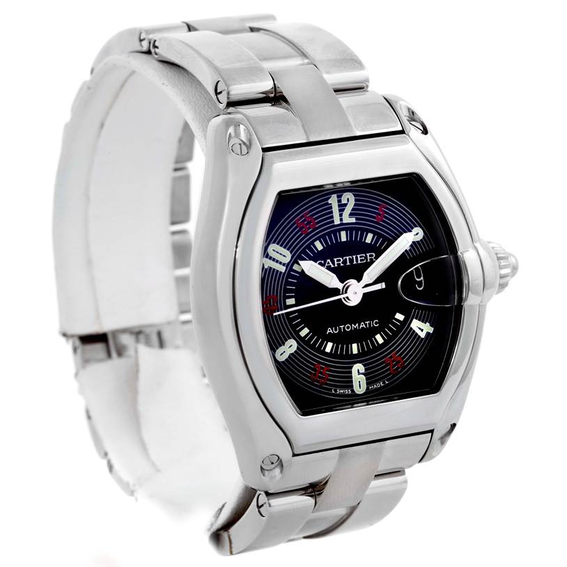 The Cartier Roadster W62002V3 Men's Stainless Steel Black Dial W62002V3 Men's Stainless Steel Black Dial watch is shown at a slight angle, highlighting the face, bezel, and part of the metal bracelet.