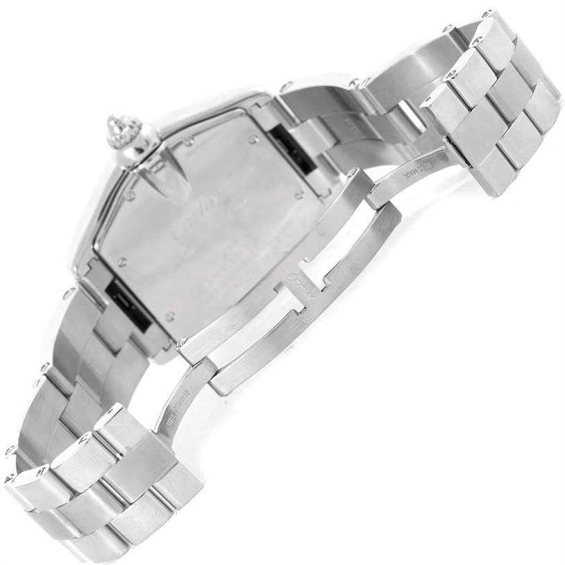 This image shows the back case and partially opened bracelet of a Cartier Roadster W62002V3 Men's Stainless Steel Black Dial W62002V3 Men's Stainless Steel Black Dial watch at an angled view.