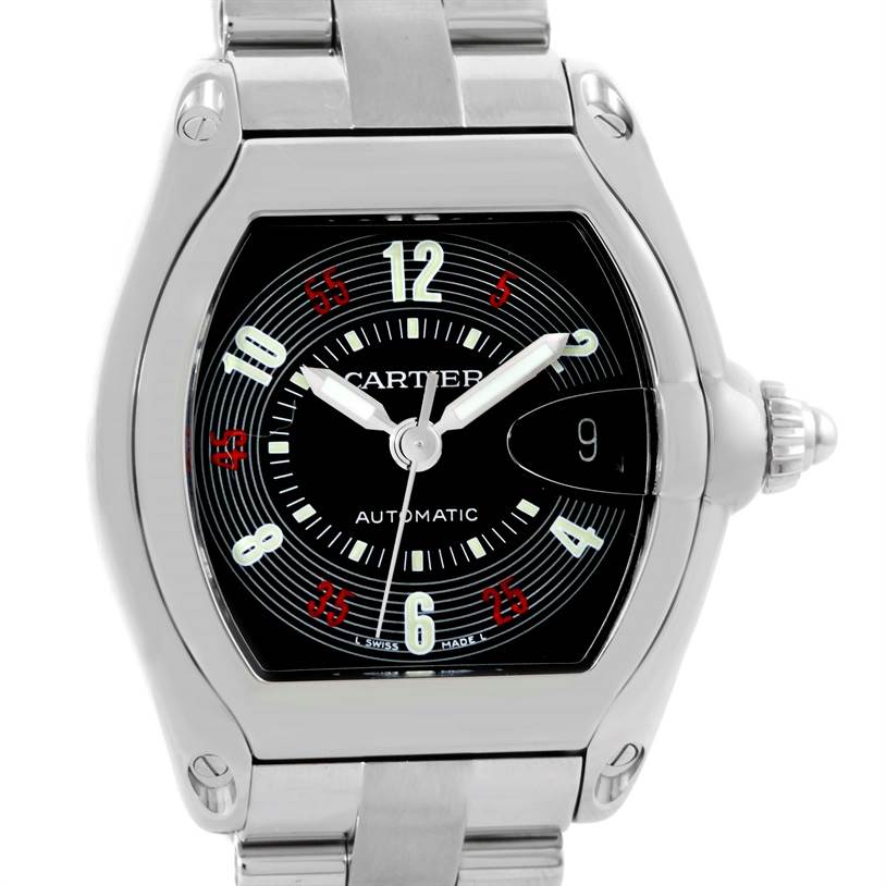 The image shows a front view of the Cartier Roadster W62002V3 Men's Stainless Steel Black Dial W62002V3 Men's Stainless Steel Black Dial watch, highlighting its dial, case, and part of the bracelet.