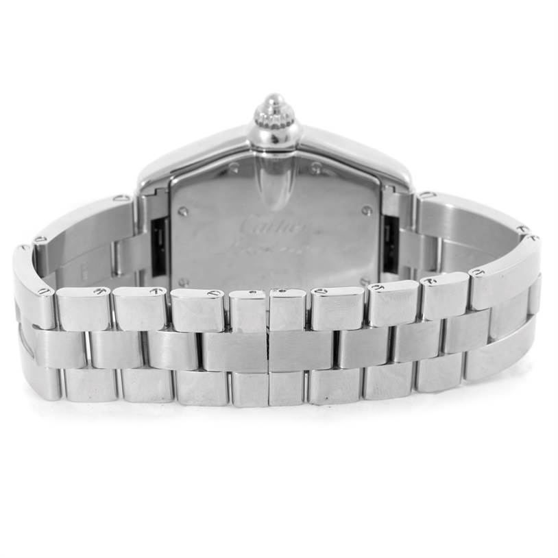 The image shows the back and bracelet of a Cartier Roadster W62002V3 Men's Stainless Steel Black Dial W62002V3 Men's Stainless Steel Black Dial watch from a rear angle.