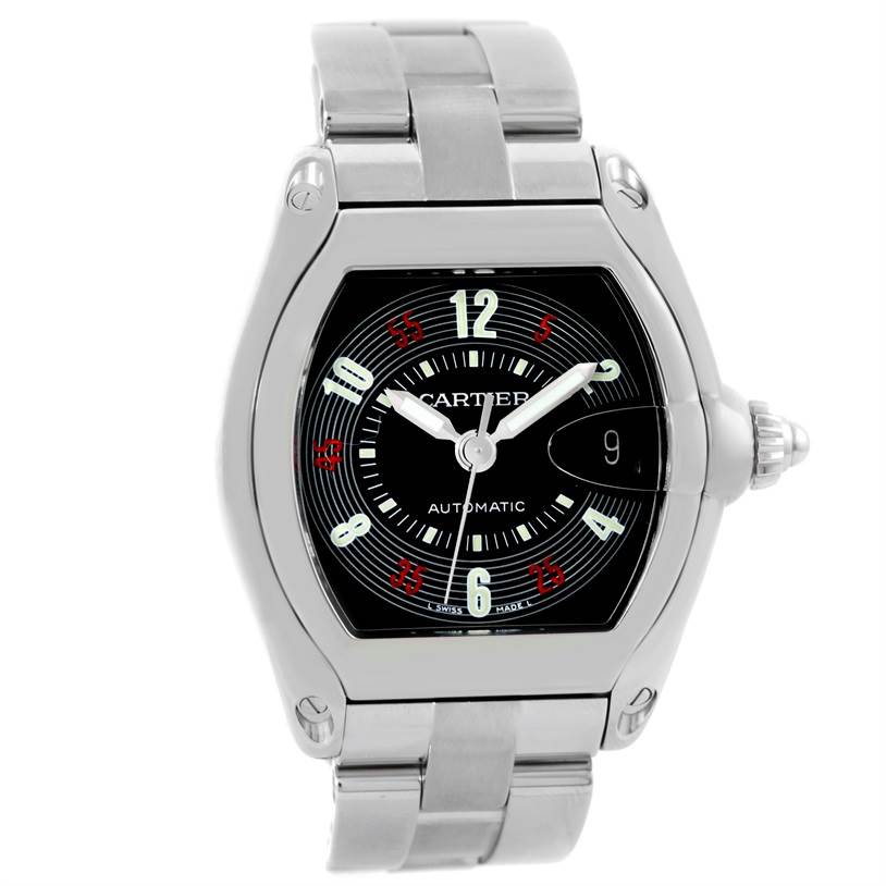 This is a frontal view of the Cartier Roadster W62002V3 Men's Stainless Steel Black Dial W62002V3 Men's Stainless Steel Black Dial watch, showing its face, bezel, and part of the bracelet.