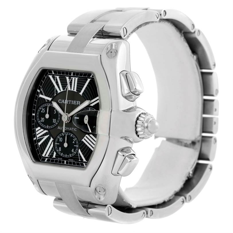 The Cartier Roadster W62020X6 Men
s Stainless Steel Black Dial W62020X6 Men
s Stainless Steel Black Dial watch is angled to show the face, crown, pushers, and part of the stainless steel bracelet.