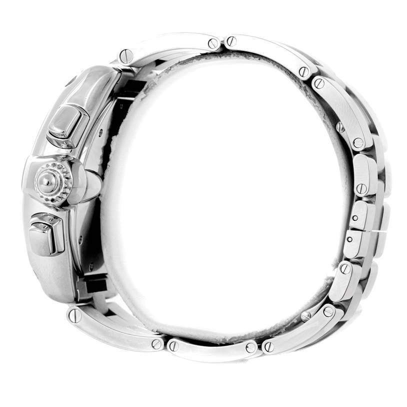 The image shows a side view of the Cartier Roadster W62020X6 Men
s Stainless Steel Black Dial W62020X6 Men
s Stainless Steel Black Dial watch, highlighting its crown, pushers, and metal bracelet.