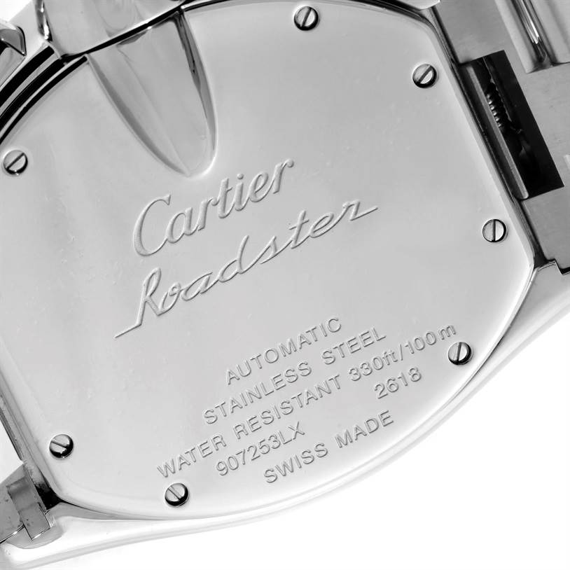 This image shows the case back of the Cartier Roadster W62020X6 Men
s Stainless Steel Black Dial W62020X6 Men
s Stainless Steel Black Dial watch, detailing its specifications and branding.