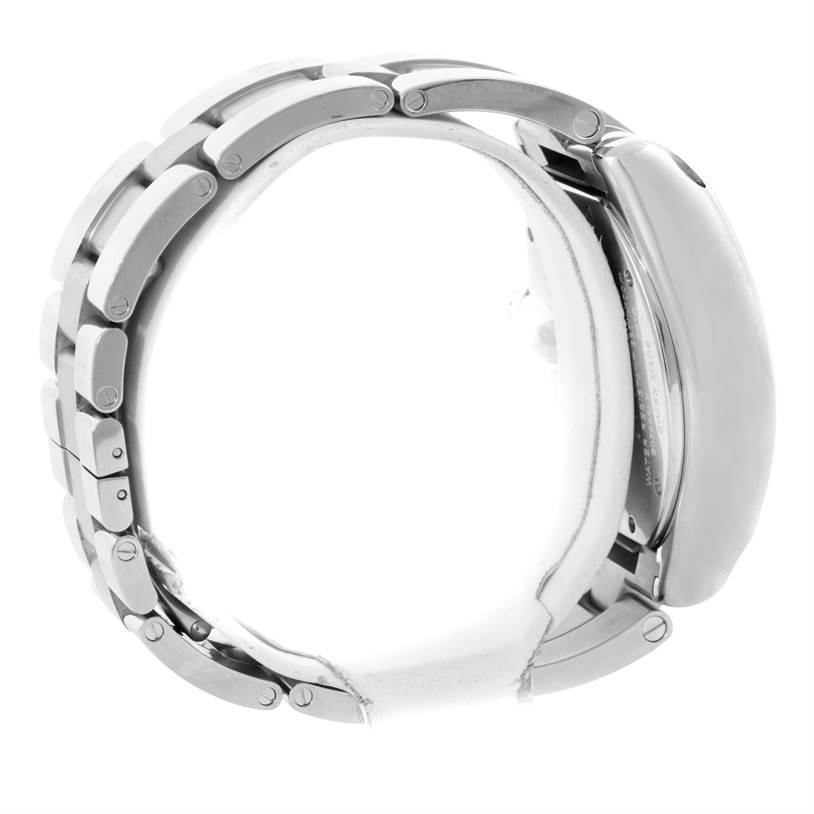 This image shows a side profile of a Cartier Roadster W62020X6 Men
s Stainless Steel Black Dial W62020X6 Men
s Stainless Steel Black Dial watch, focusing on the bracelet links and the case.