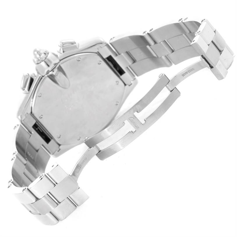 The image shows the back and partially opened clasp of the Cartier Roadster W62020X6 Men
s Stainless Steel Black Dial W62020X6 Men
s Stainless Steel Black Dial watch, highlighting the bracelet and case-back.