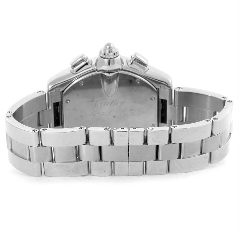 This image shows the back view of the Cartier Roadster W62020X6 Men
s Stainless Steel Black Dial W62020X6 Men
s Stainless Steel Black Dial watch, focusing on the clasp and bracelet.