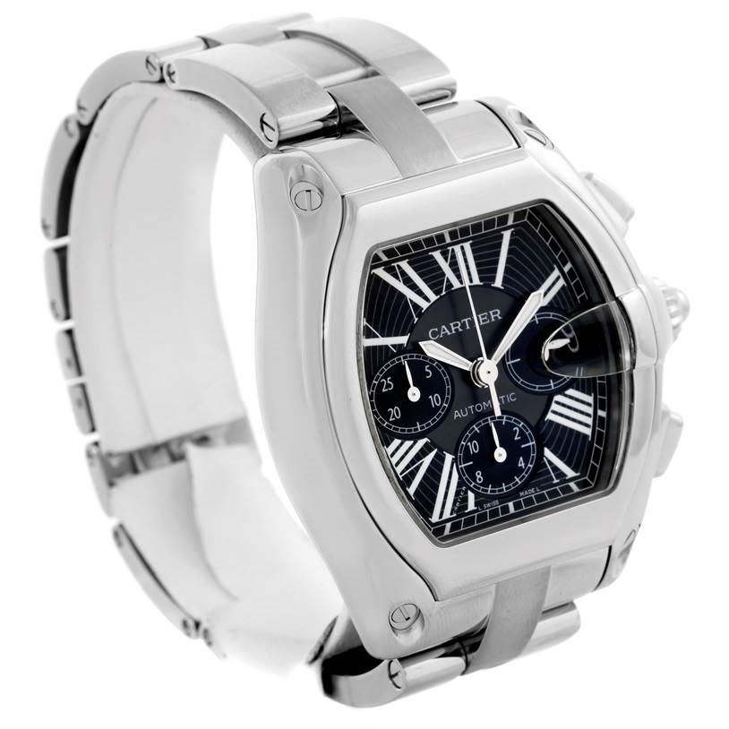 This image shows a close-up view of the Cartier Roadster W62020X6 Men
s Stainless Steel Black Dial W62020X6 Men
s Stainless Steel Black Dial watch, highlighting the face and part of the metal bracelet.