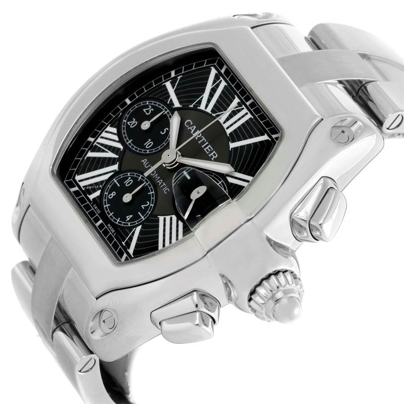 The image shows a close-up angled view of the Cartier Roadster W62020X6 Men
s Stainless Steel Black Dial W62020X6 Men
s Stainless Steel Black Dial watch highlighting the face, bezel, and crown.
