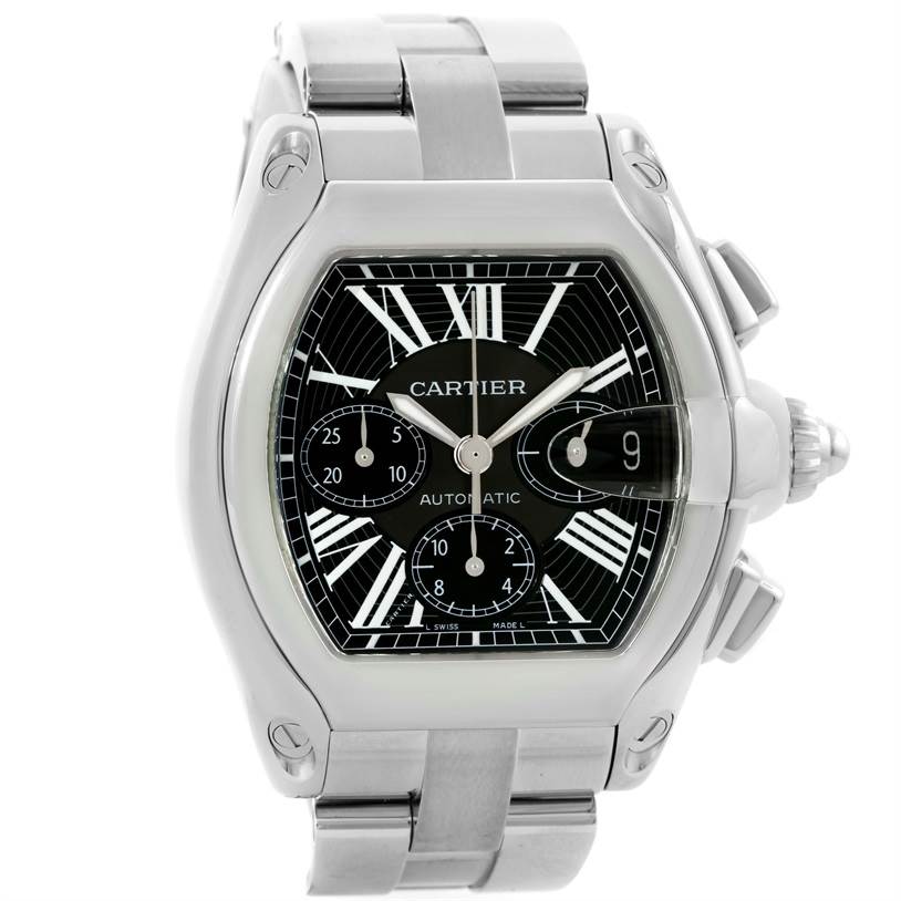 The image shows a front view of the Cartier Roadster W62020X6 Men
s Stainless Steel Black Dial W62020X6 Men
s Stainless Steel Black Dial watch, highlighting the face, bezel, crown, and part of the bracelet.