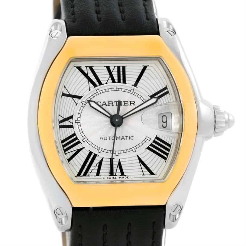 This image shows a front view of a Cartier Roadster W62031Y4 Men
s Steel and Gold (two tone) Silver Dial W62031Y4 Men
s Steel and Gold (two tone) Silver Dial watch, highlighting the dial, Roman numerals, date window, and leather strap.