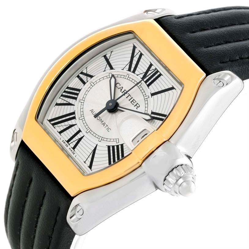 The image shows a close-up, angled view of the Cartier Roadster W62031Y4 Men
s Steel and Gold (two tone) Silver Dial W62031Y4 Men
s Steel and Gold (two tone) Silver Dial watch, highlighting its dial, crown, and part of the strap.