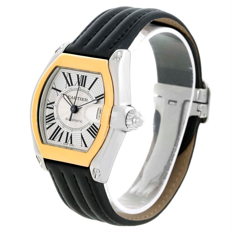 The image shows a Cartier Roadster W62031Y4 Men
s Steel and Gold (two tone) Silver Dial W62031Y4 Men
s Steel and Gold (two tone) Silver Dial watch from a side angle, featuring the dial, bezel, crown, and black strap.
